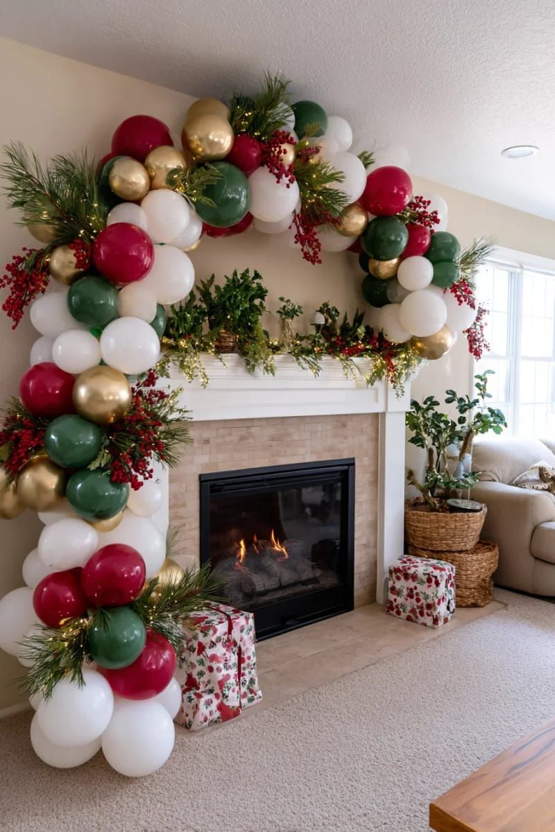 balloon garland framing a fireplace mantle with pine, berries, and fairy lights 1