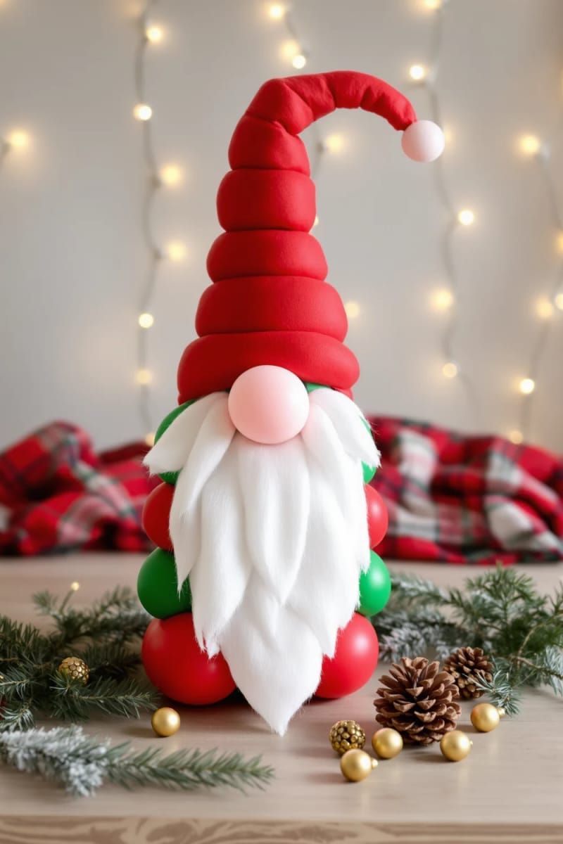 christmas gnome made from layered balloons and felt accessories 1
