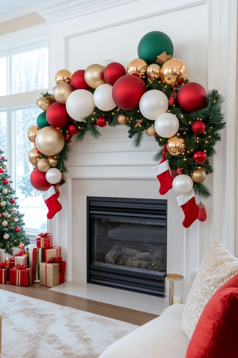 balloon garland framing a fireplace mantle with pine, berries, and fairy lights 1