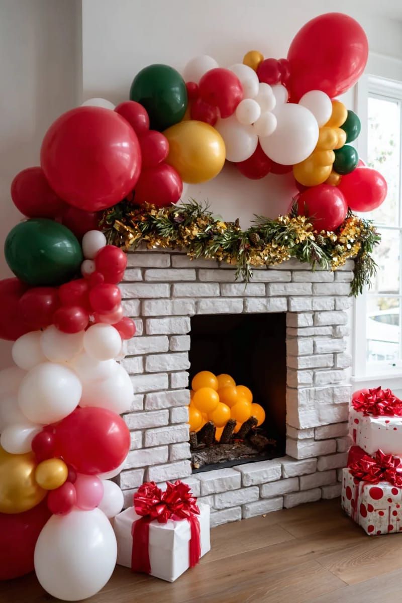 balloon fireplace with “flames” in orange and yellow for cozy vibes 1