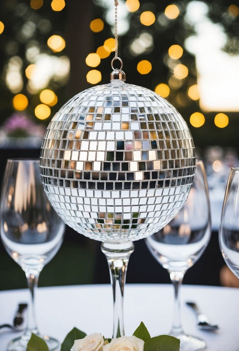 Disco ball wine glass charms sparkle on wedding tables