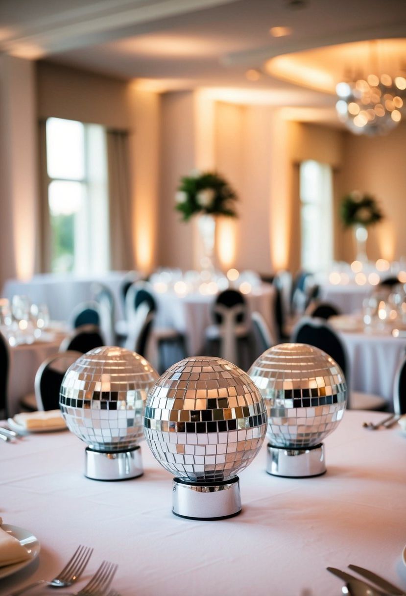 Mini disco balls placed on wedding reception tables, reflecting light and adding a festive touch to the decor