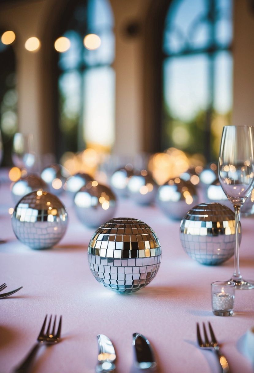 Mini disco balls arranged as napkin rings on a wedding table, reflecting light and adding a festive touch to the decor
