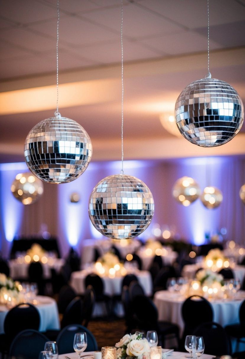 Mini disco balls hang above wedding tables, reflecting light and adding a festive touch to the reception decor