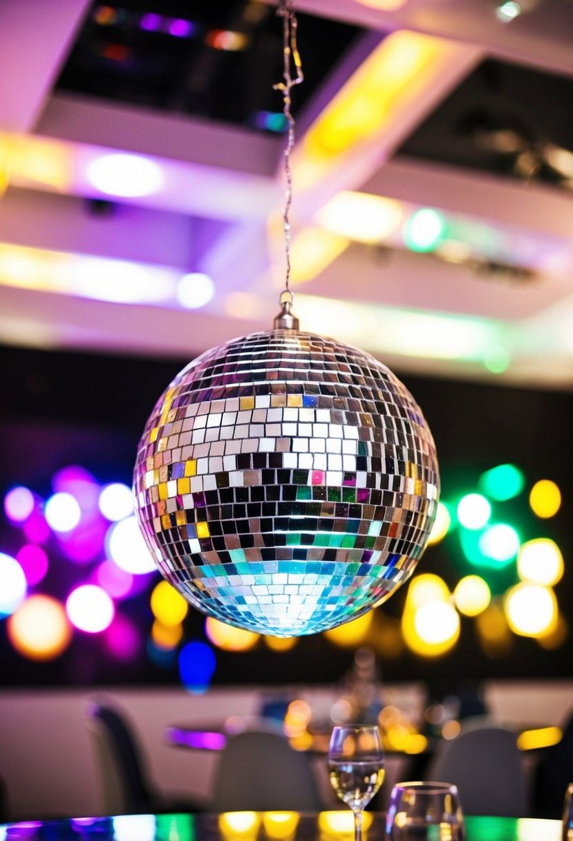 A glittery disco ball hangs above a table, reflecting colorful lights onto the surrounding decor