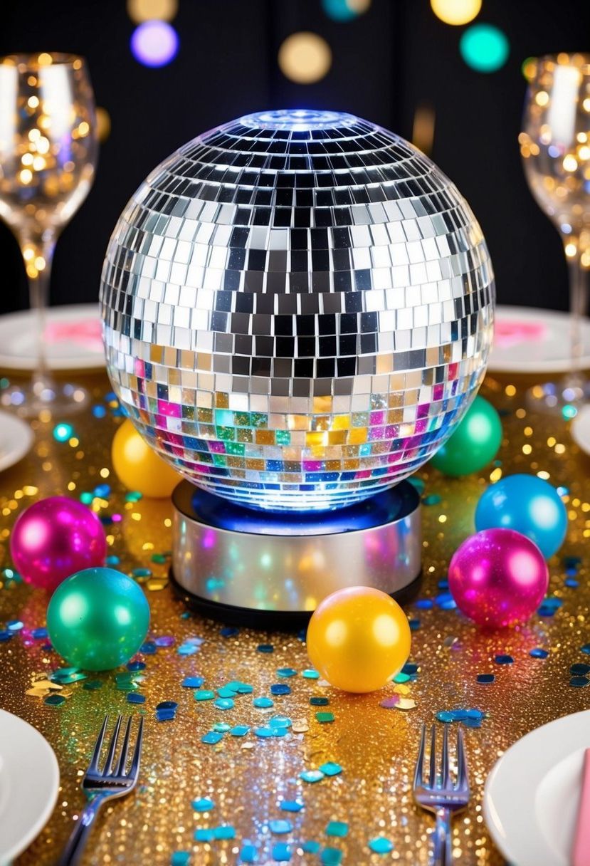 A round disco ball table centerpiece with LED lights, surrounded by sparkling confetti and colorful party favors