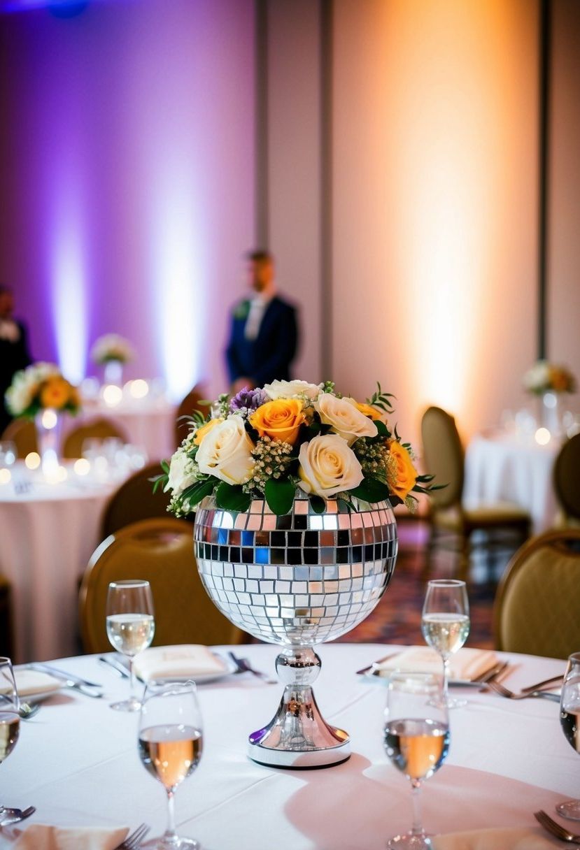 A disco ball flower vase topper shines on a wedding table, reflecting colorful light across the room