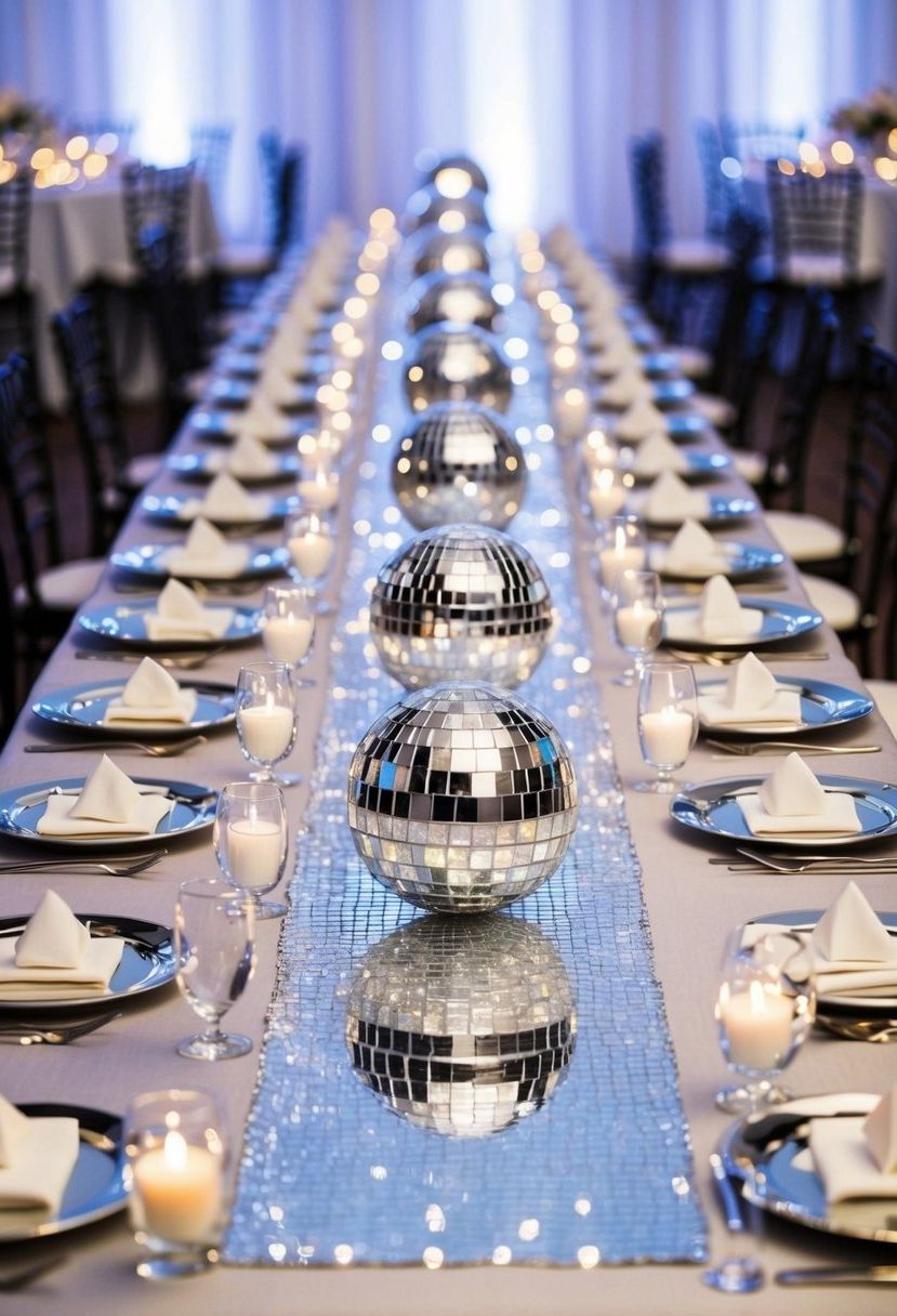 A long silver table adorned with a shimmering disco ball table runner, reflecting light and creating a festive atmosphere for a disco ball-themed wedding celebration