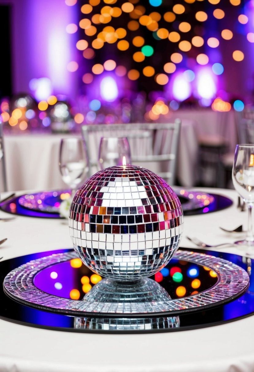 Shimmering disco ball placemats on wedding tables, reflecting colorful lights and adding a festive touch to the celebration