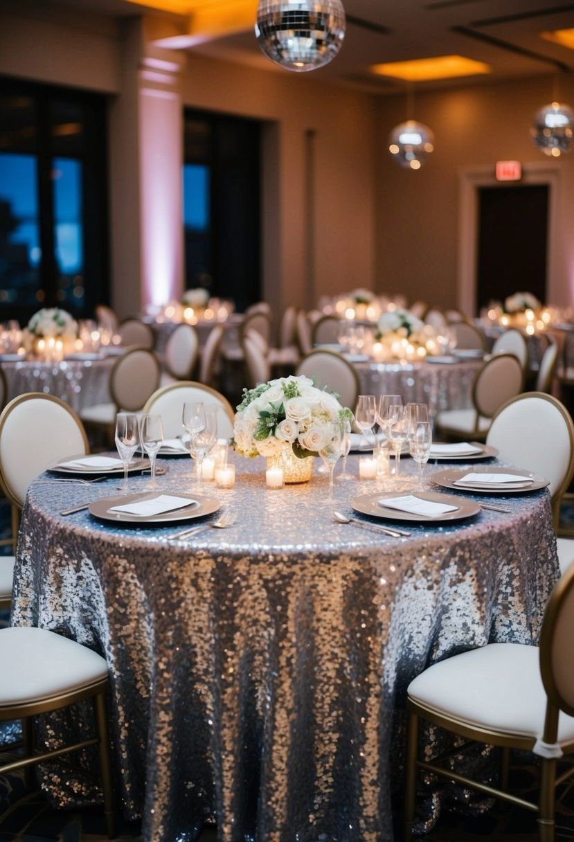 A table set with sequin tablecloths shimmering under disco ball highlights for a wedding decoration