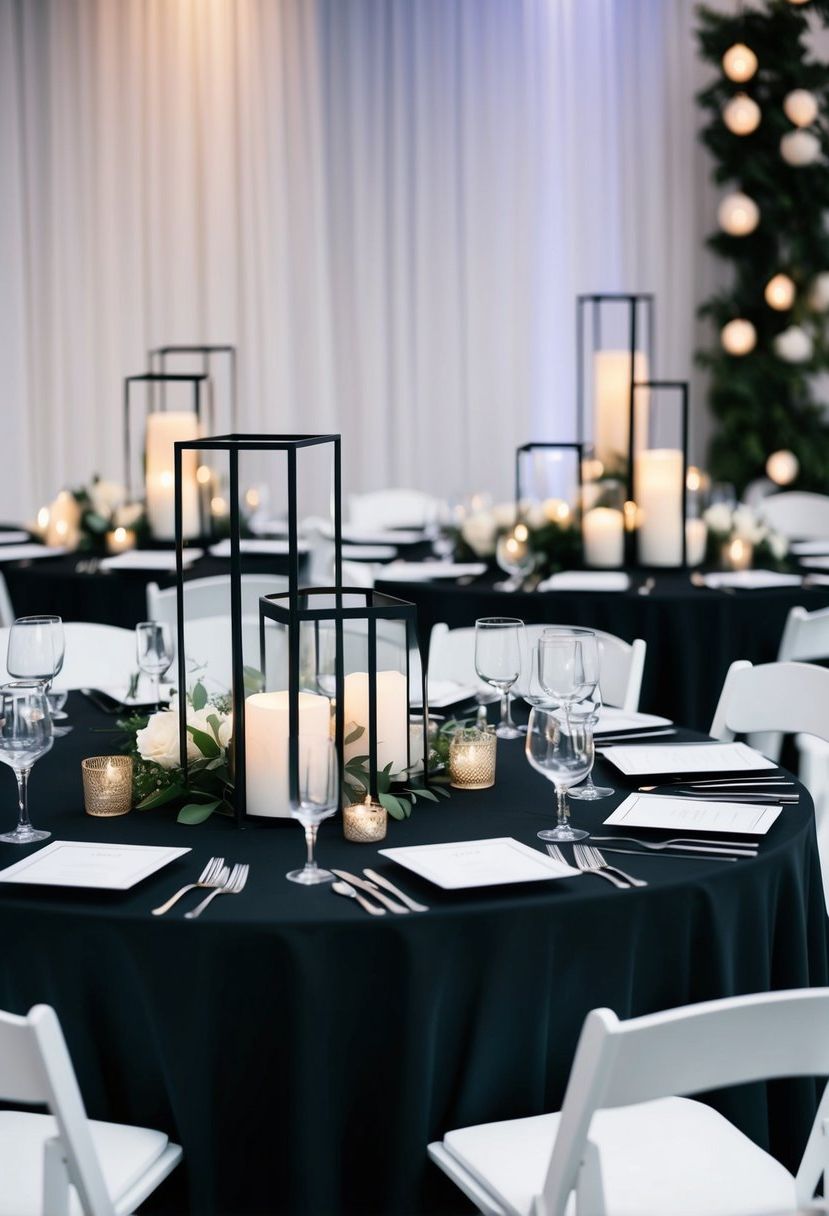 A sleek black table adorned with minimalistic geometric lanterns, creating a modern and elegant wedding decoration