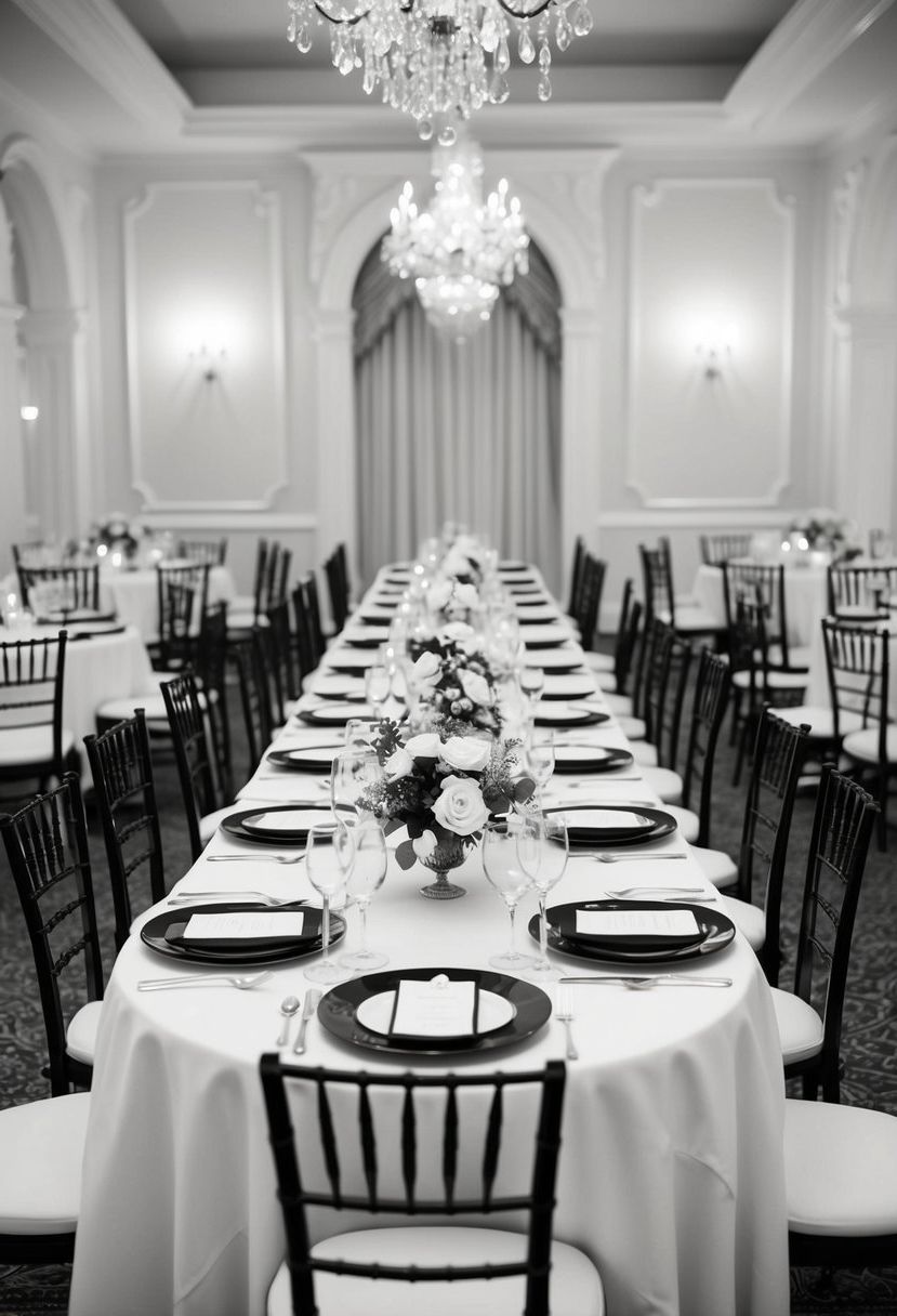 A classic black and white dining set adorned with elegant wedding table decorations