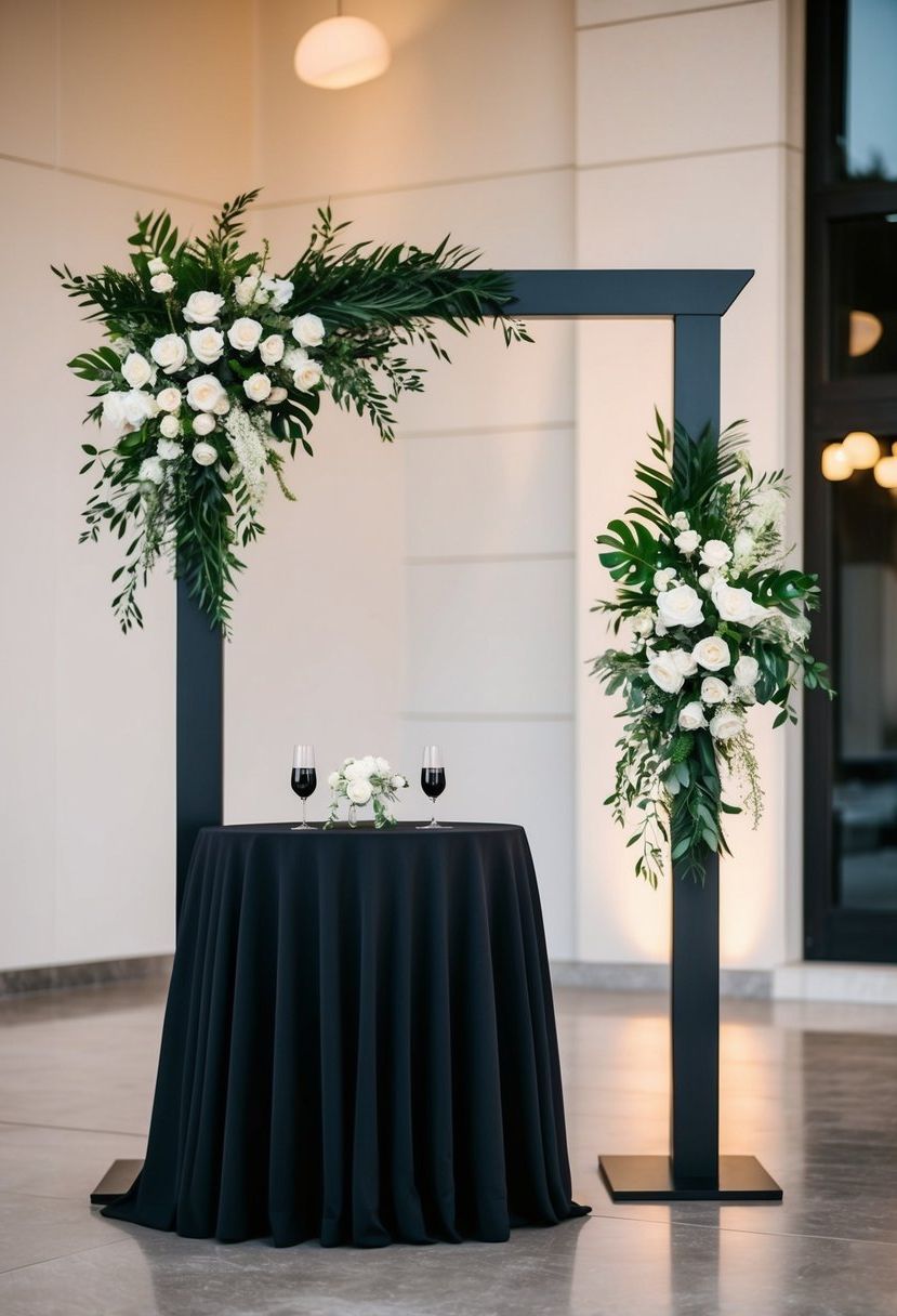 An asymmetrical black wedding arch stands beside a stylishly decorated black wedding table
