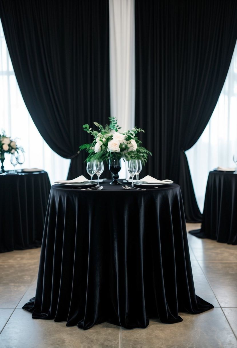 Black velvet tablecloths drape over tables, creating a luxurious and elegant atmosphere for a black-themed wedding