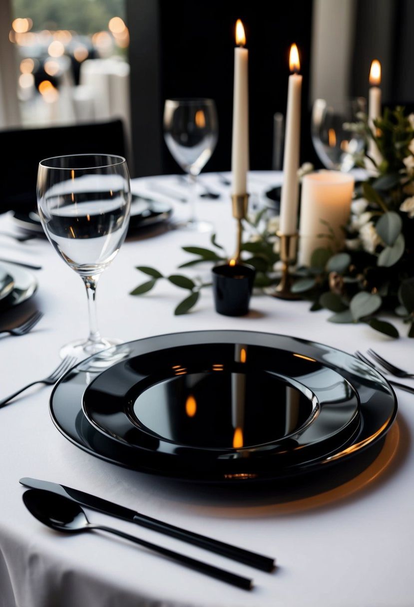 A sleek black glass charger sits beneath a modern black wedding table setting, adorned with contemporary decorations