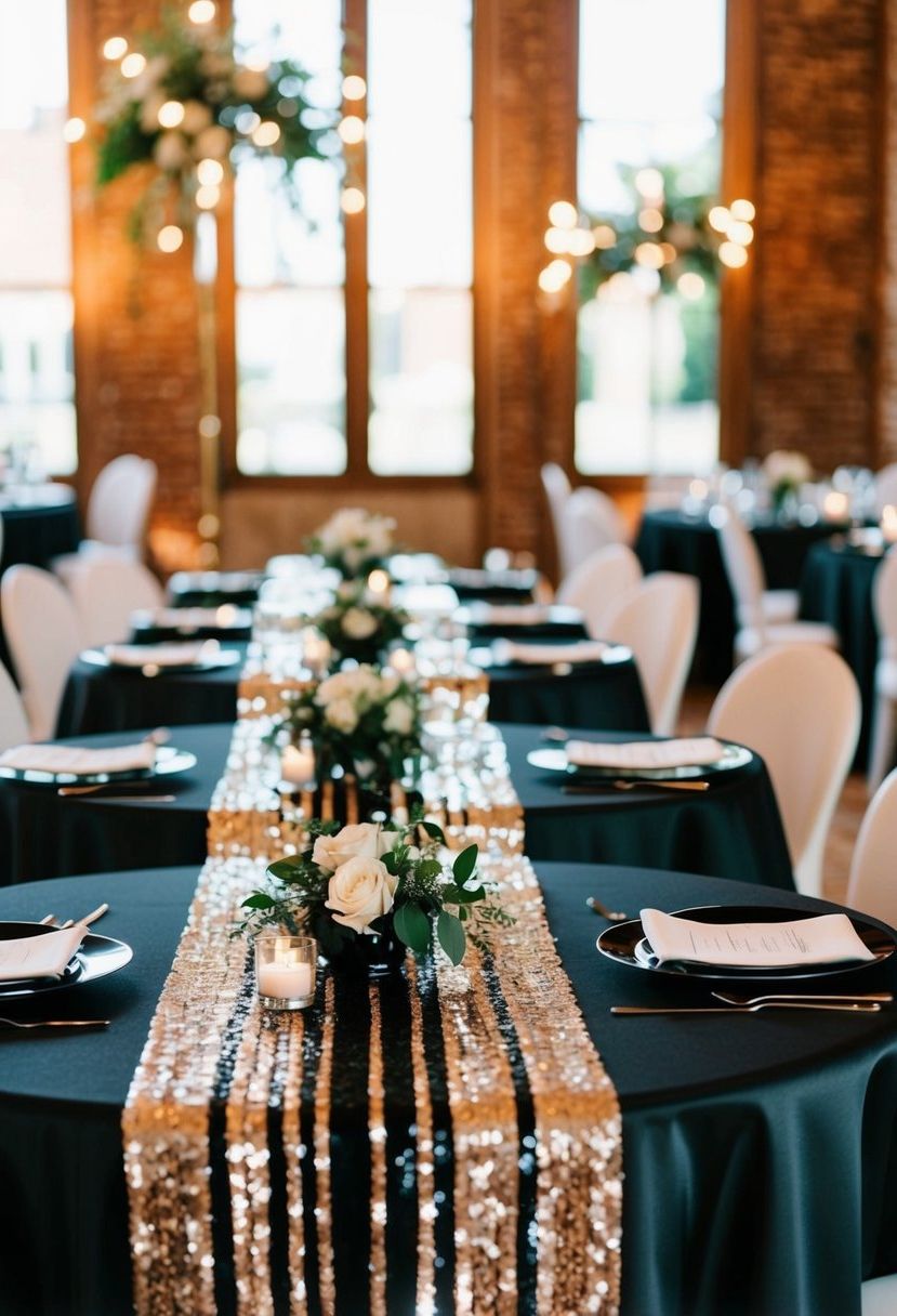 Black sequin table runners shimmering on elegant black wedding tables
