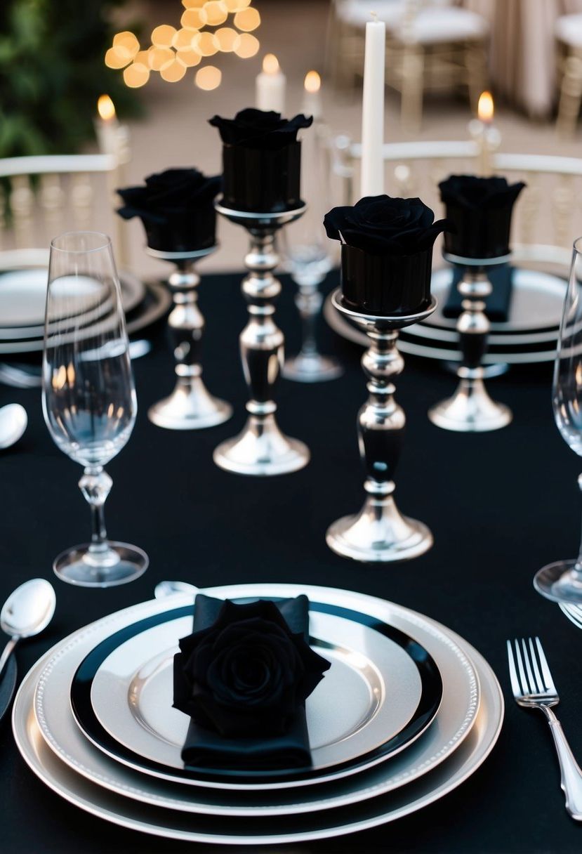 A black table adorned with silver candle holders, black roses, and elegant black and silver place settings