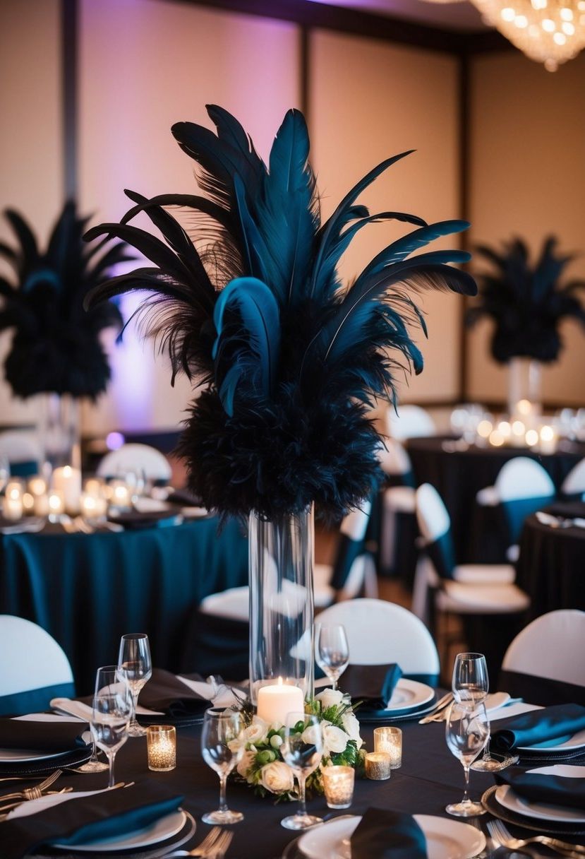 Dramatic table centerpieces with black feathers create a striking wedding decor