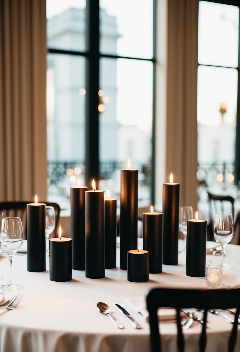 Black matte candle holders arranged on a chic wedding table, casting a soft glow in an elegant setting