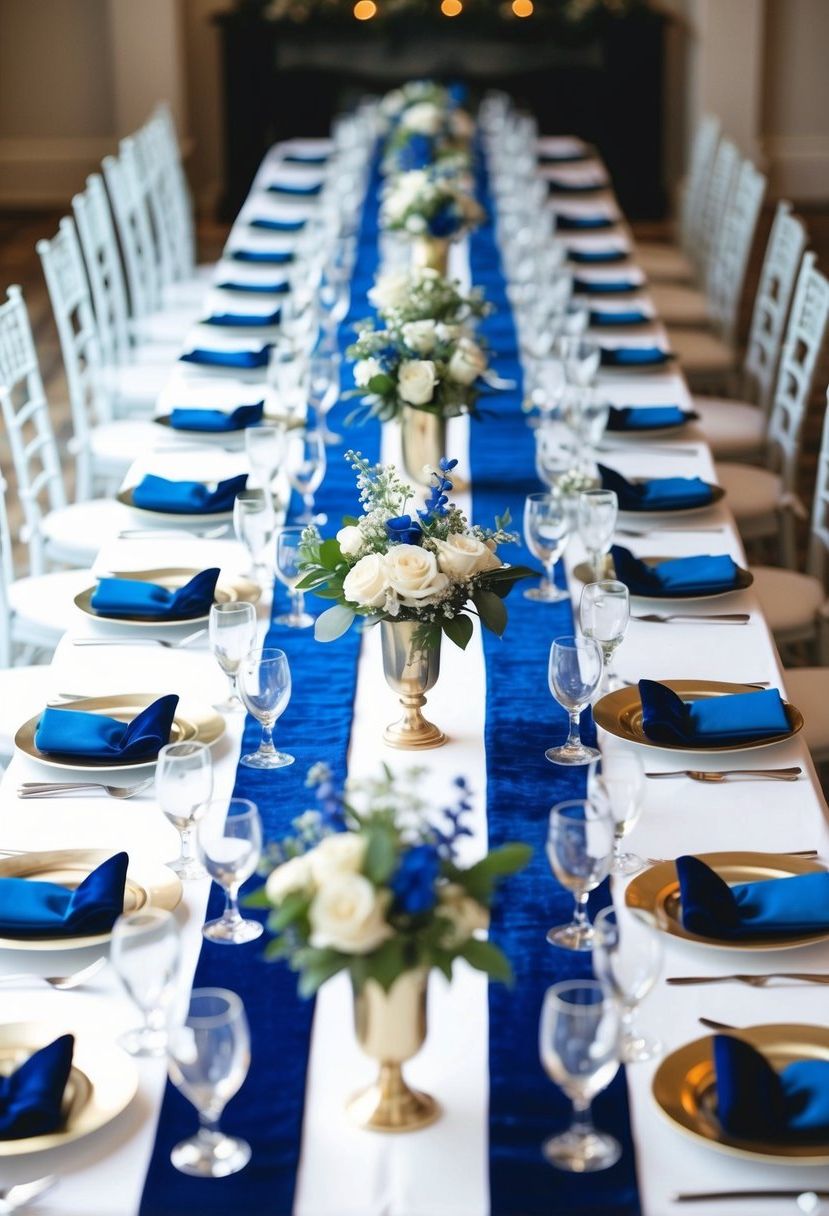 A long table adorned with blue velvet runners, set with white and blue decor for a luxurious wedding ambiance
