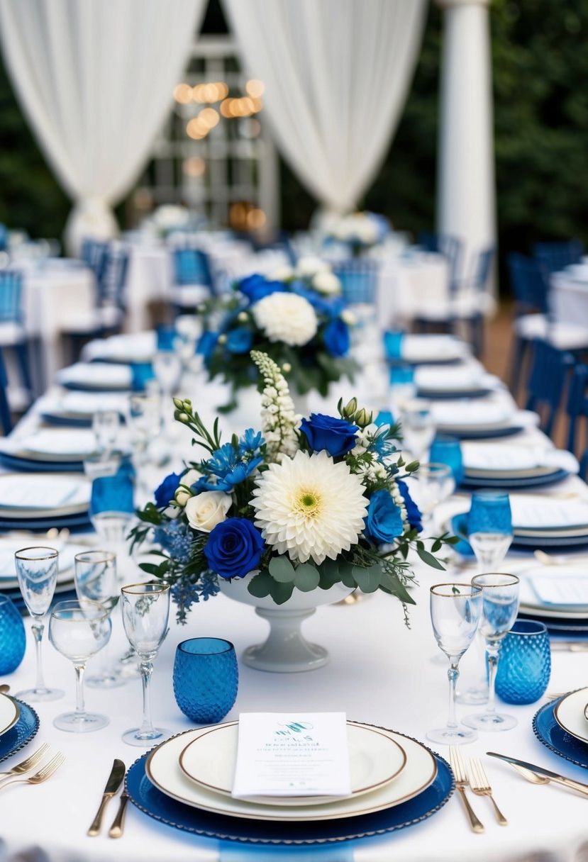 A blue and white themed wedding table set with elegant floral centerpieces and delicate porcelain dinnerware