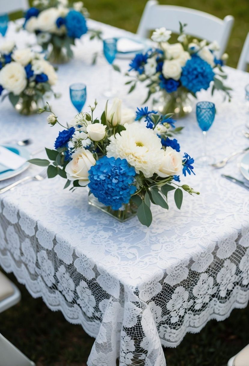 A white lace table overlay with blue and white floral centerpieces creates a romantic wedding table setting