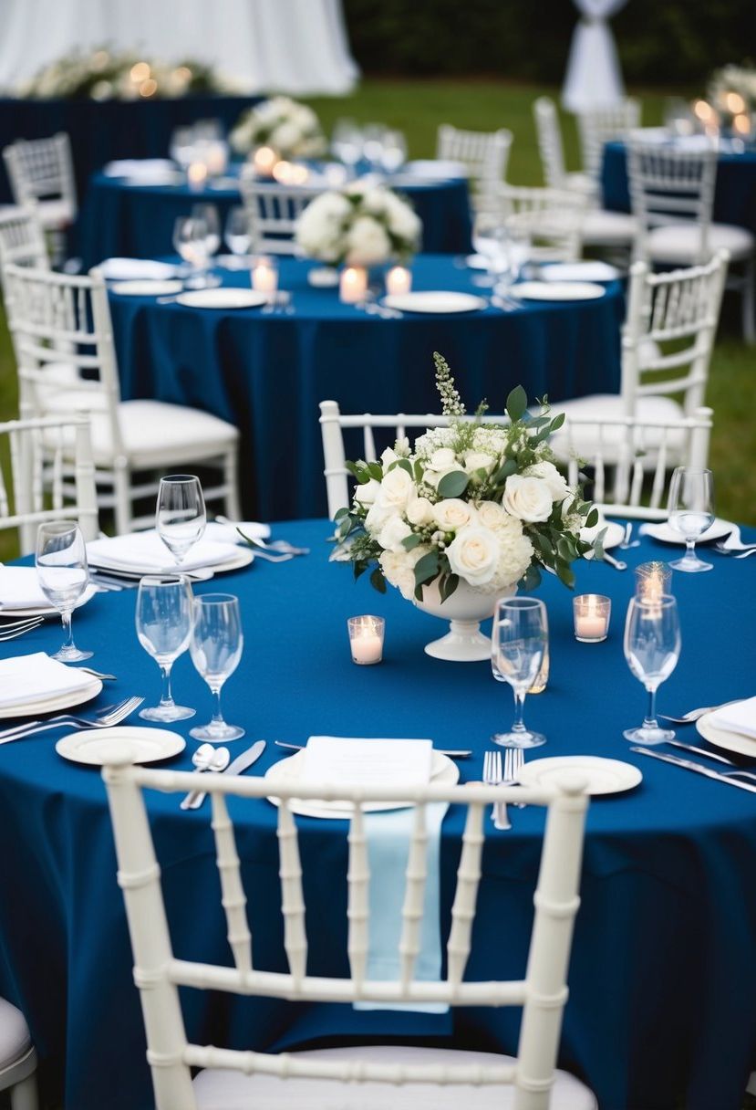 Navy blue tablecloths adorned with white centerpieces create an elegant wedding table setting