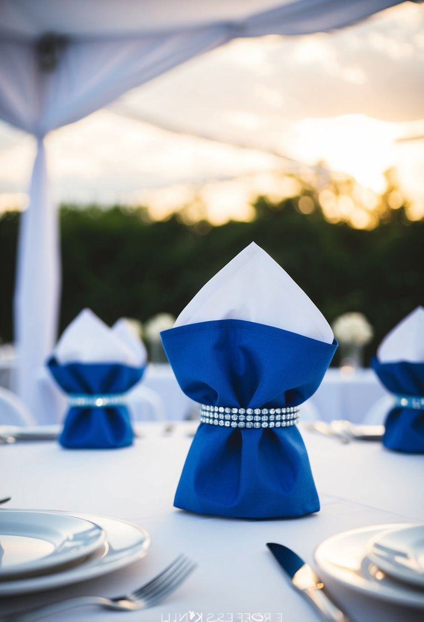 A white table adorned with blue napkin rings, adding a subtle pop of color to a wedding reception