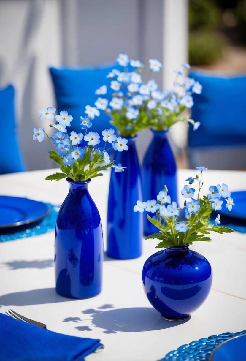 Blue vases hold delicate forget-me-nots, set on white table with blue accents