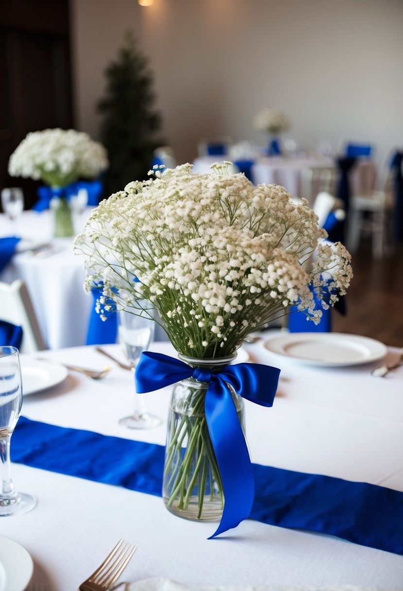 A table adorned with baby's breath bouquets tied with blue ribbons for a blue and white wedding theme