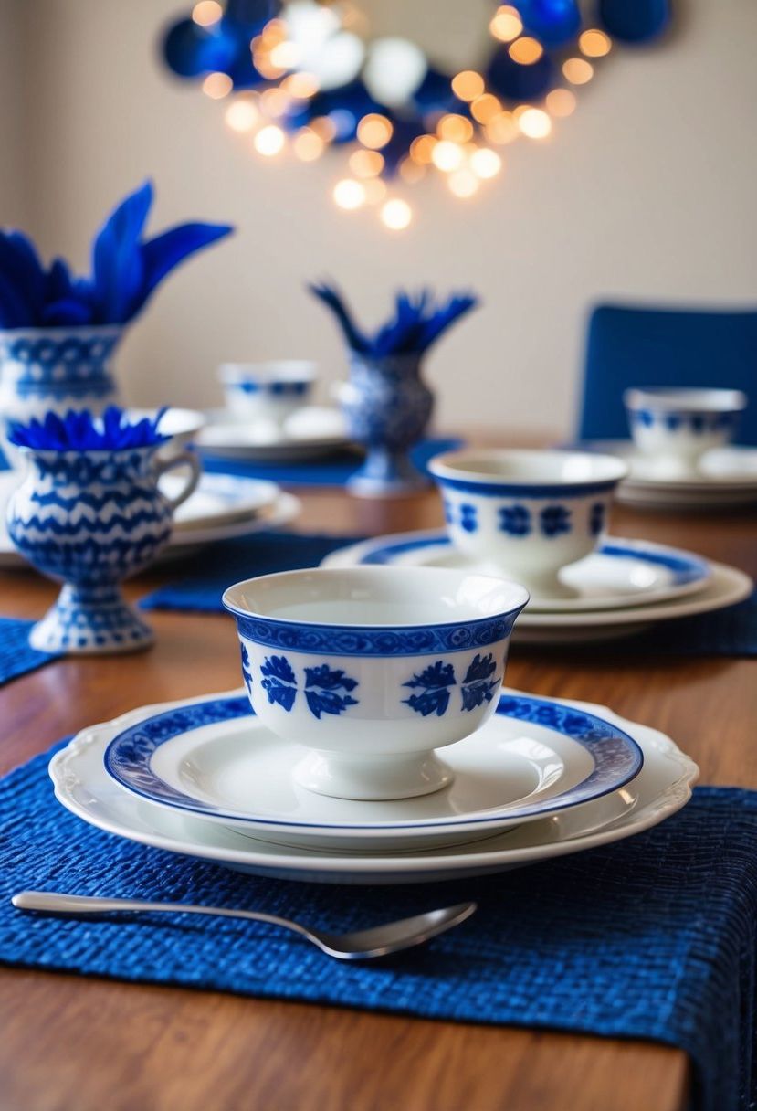 White porcelain dishes with blue accents arranged on a table with matching blue and white decorations