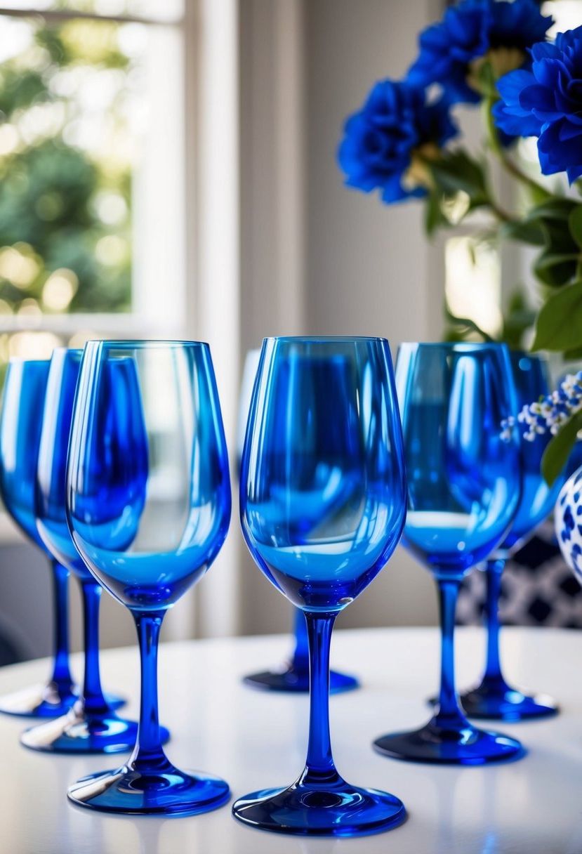 Elegant blue wine glasses arranged on a white table with blue and white decor