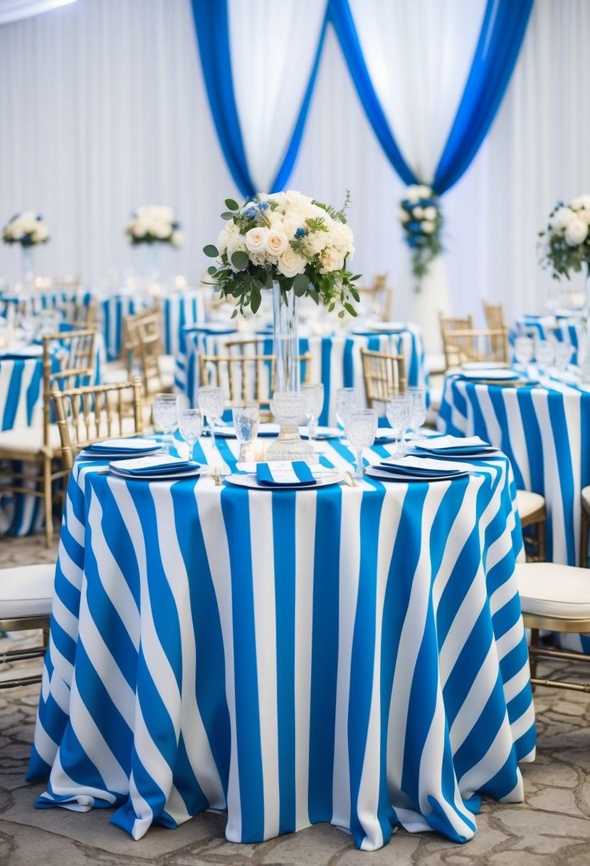 Blue and white striped tablecloths cover tables adorned with matching centerpieces and elegant wedding decor