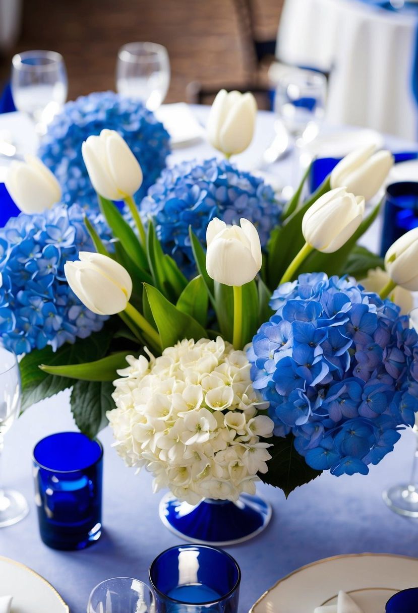 Blue hydrangeas and white tulips arranged in a classic centerpiece for a blue and white wedding table decoration