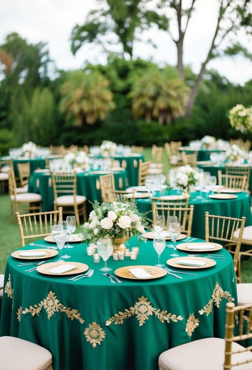Green and gold embroidered table cloths cover the tables, adorned with matching centerpieces and place settings for a wedding celebration