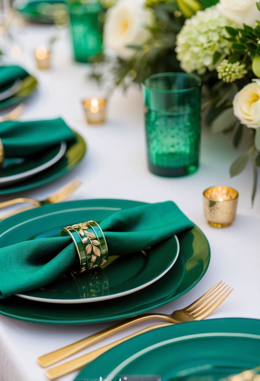 Emerald green napkin rings with gold detailing arranged on a table with green and gold wedding decor