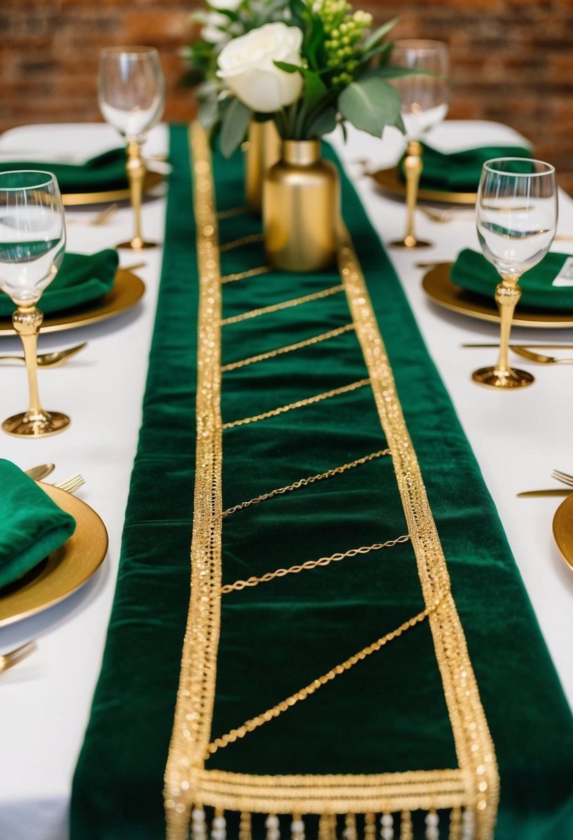 A velvet green table runner adorned with gold thread, complemented by green and gold wedding table decorations