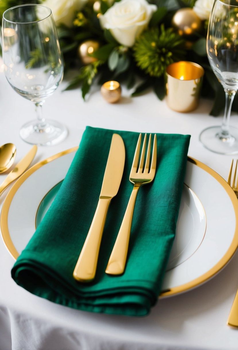 Gold cutlery rests on green napkins, set against a table adorned with green and gold wedding decorations