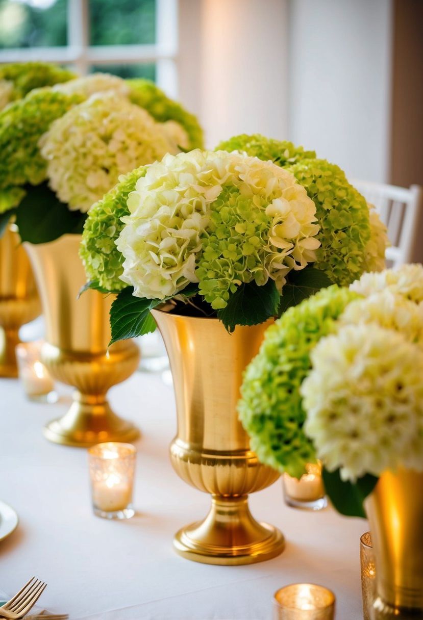 Gold vases hold lush green hydrangeas, arranged on a wedding table