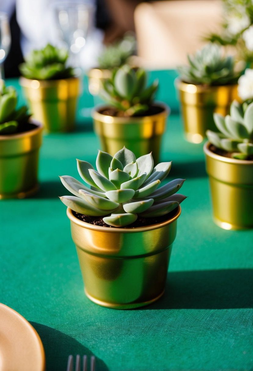 Mini gold pots hold green succulents, arranged on a table for a green and gold wedding theme