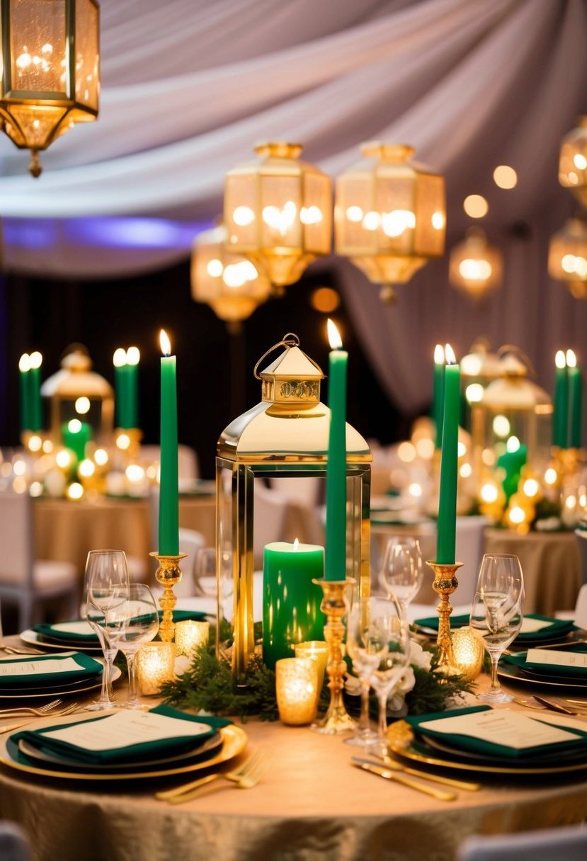 Golden lanterns with emerald candles illuminate a lavish wedding table