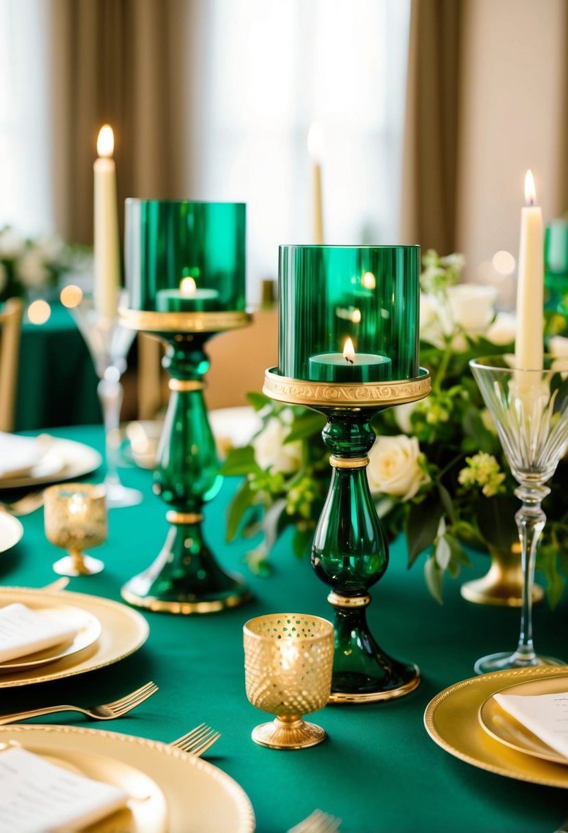 Emerald glass candleholders with gold trim adorn a lush green and gold wedding table, creating an elegant and luxurious atmosphere