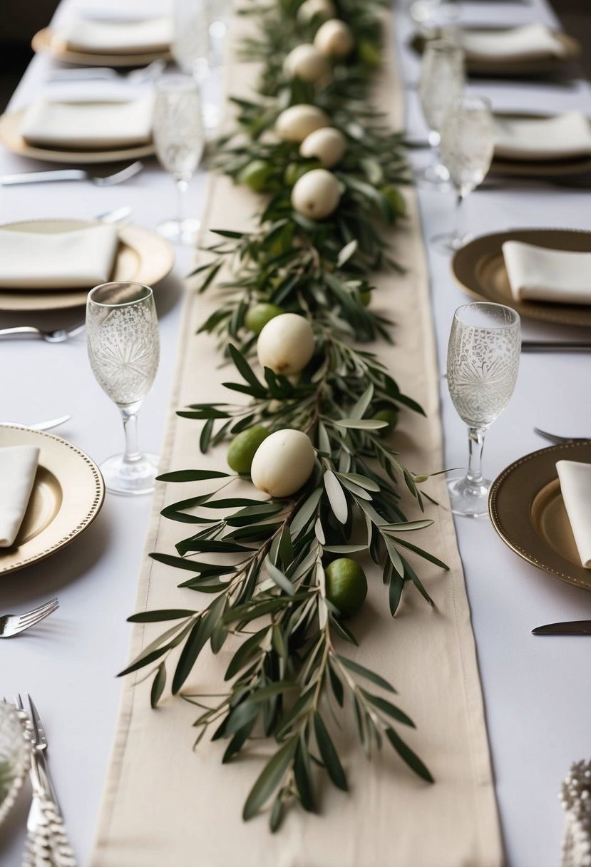 Ivory table runners adorned with fresh olive branches, creating elegant wedding table decor