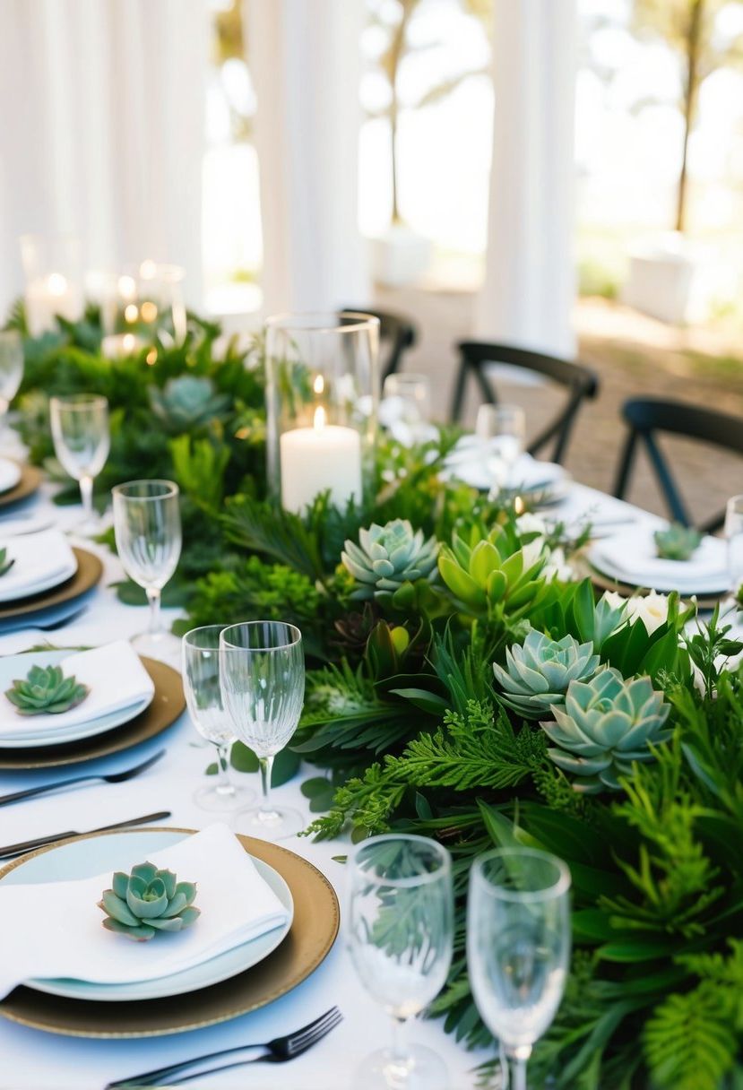 A table adorned with lush green foliage and delicate succulents for a wedding decoration