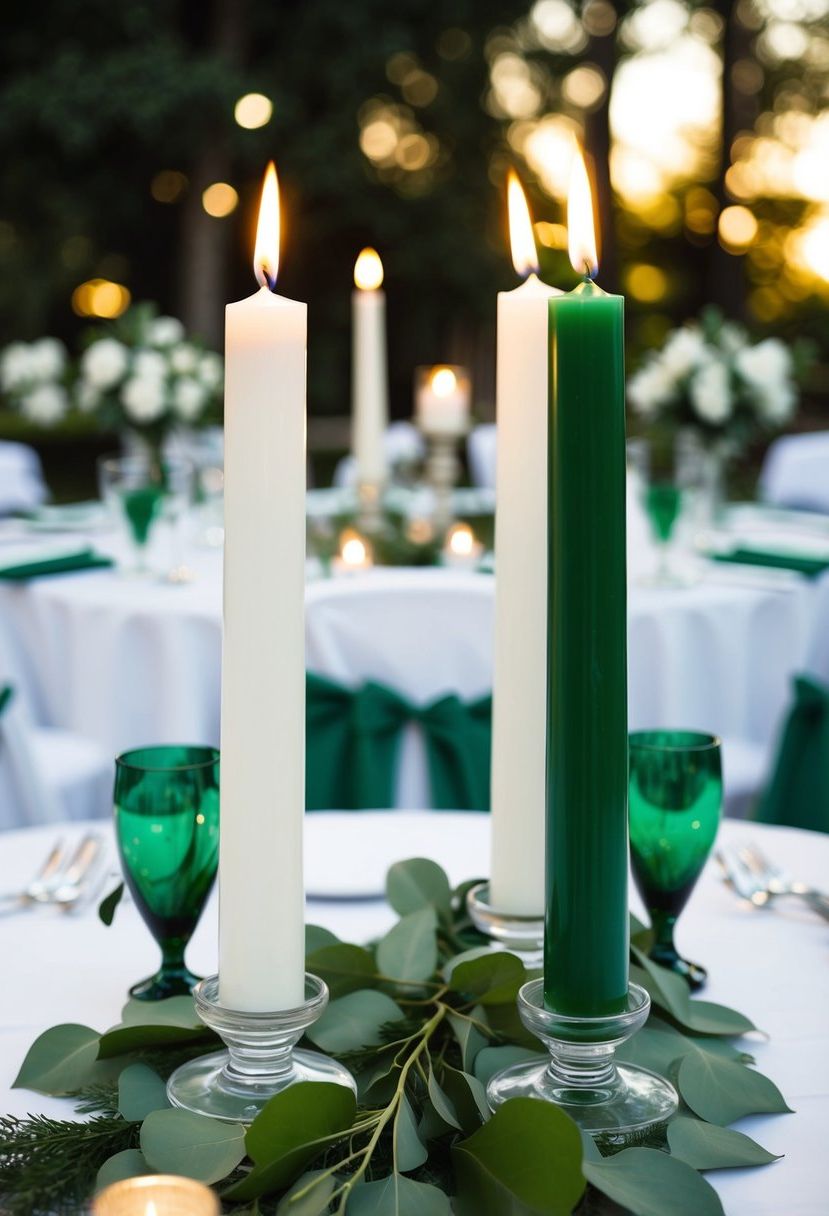Two white and two green taper candles arranged on a wedding table with green and white decorations