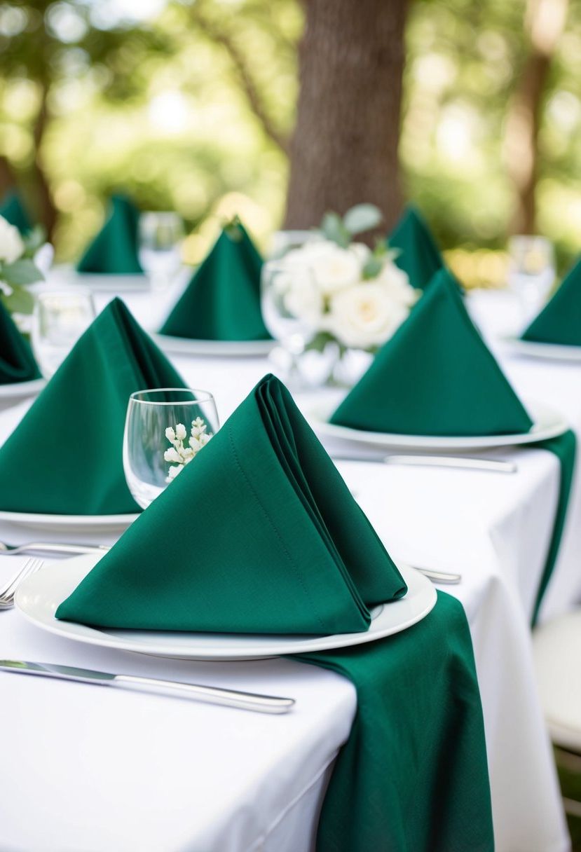 Hunter green napkins neatly folded on a crisp white tablecloth, creating an elegant and classic wedding table decoration