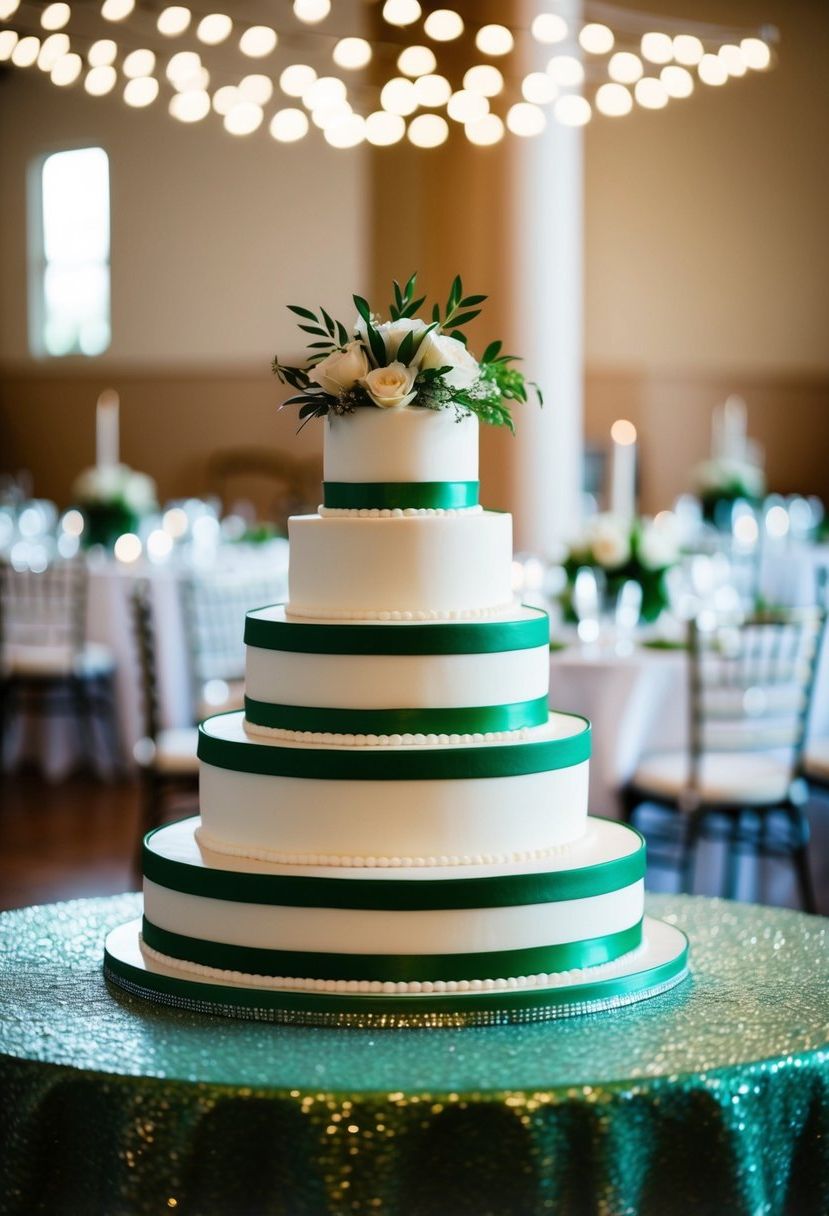 A tiered wedding cake with green and white accents sits on a decorated table