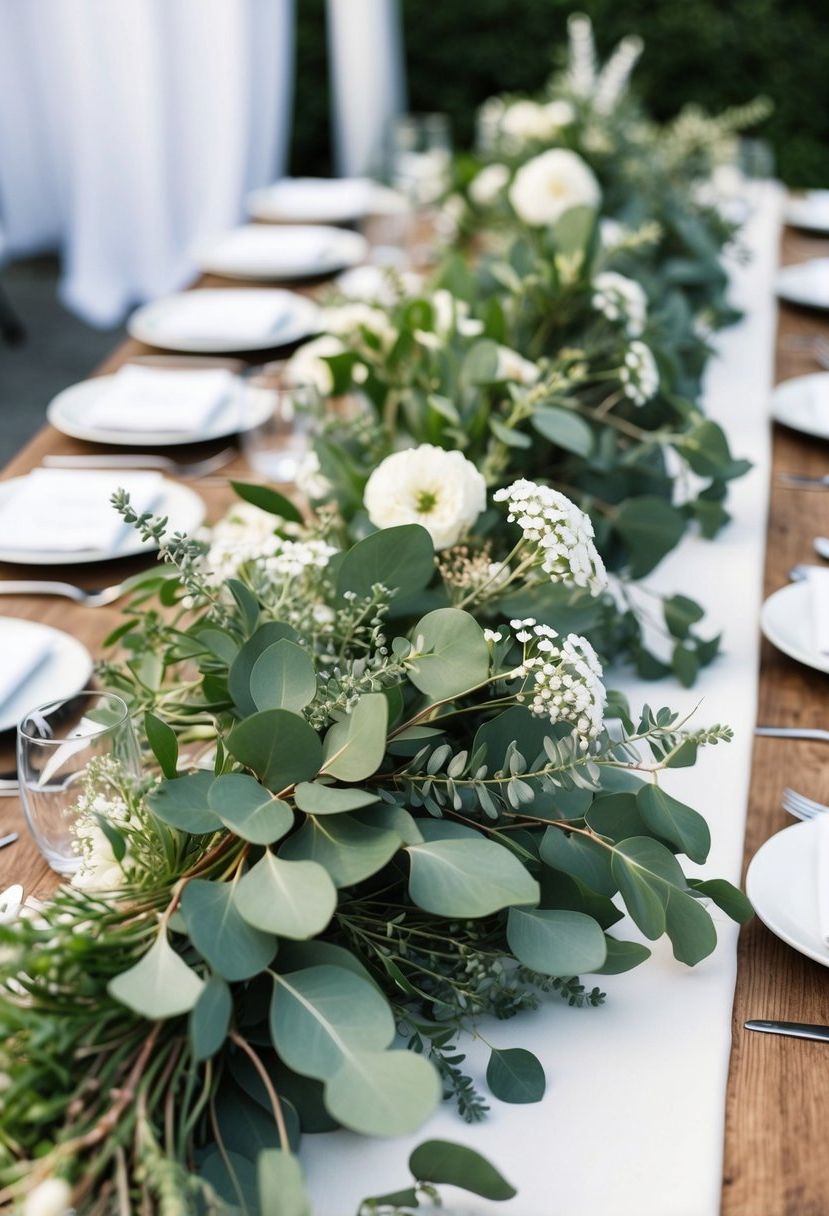 A table adorned with eucalyptus bunches and wildflowers for a green and white wedding decoration