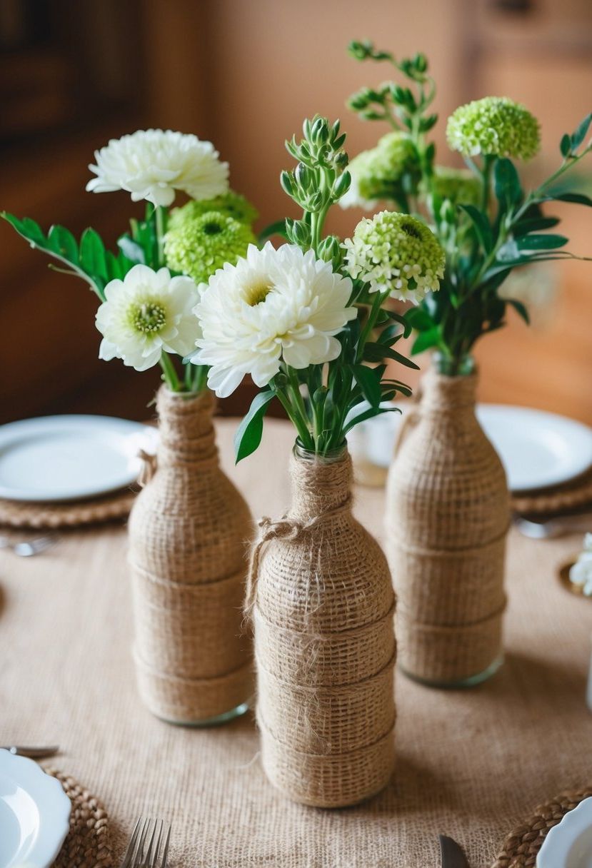 Vintage vases wrapped in burlap twine sit on a rustic wedding table, filled with green and white flowers for a charming centerpiece