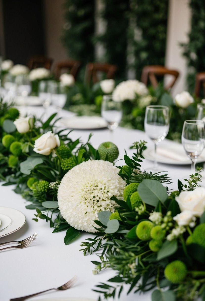 Lush greenery and textured white bouquets adorn wedding tables